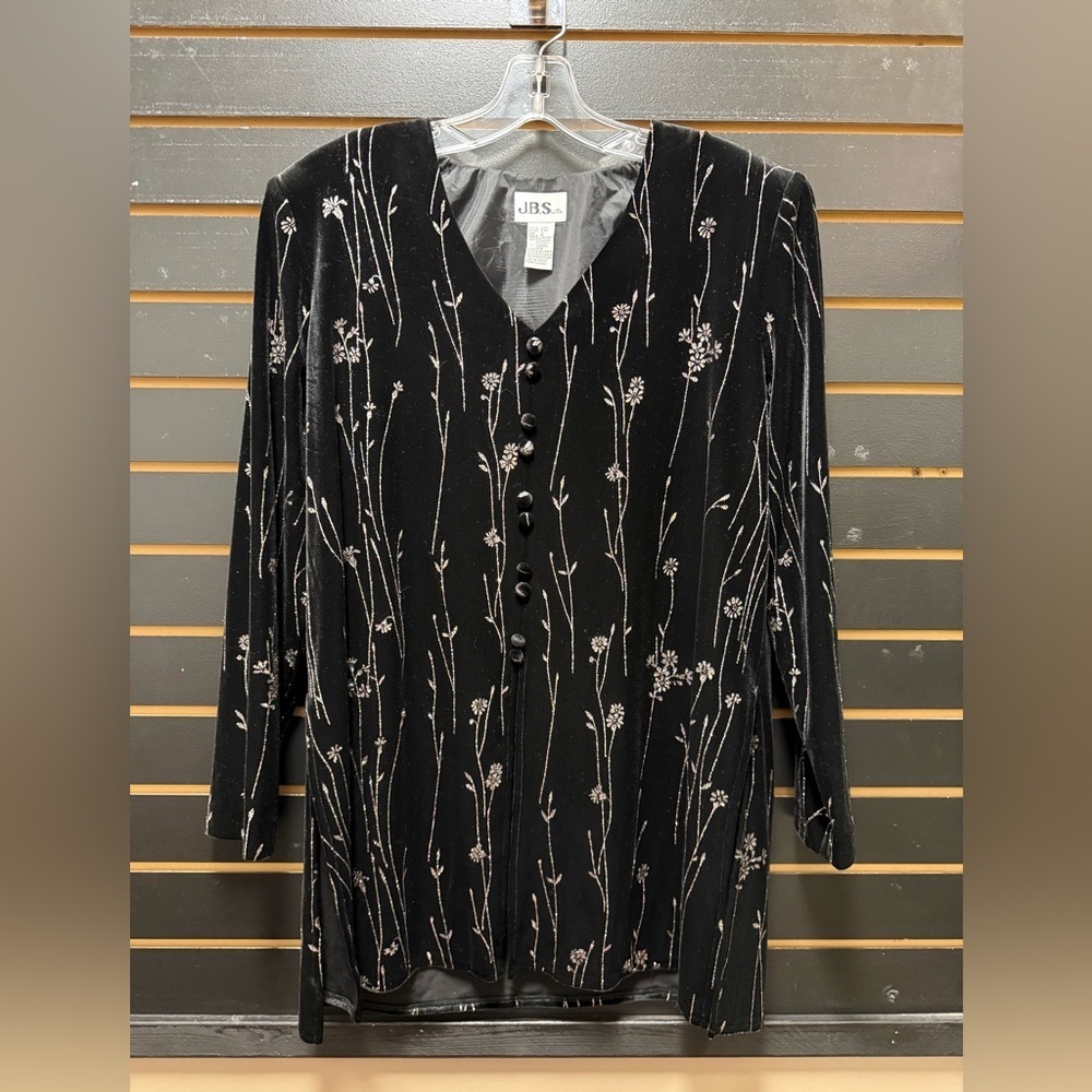 JBS Ltd Black Velvet Longline Formal Top XL Raised Multicolor Sparkle Overlay